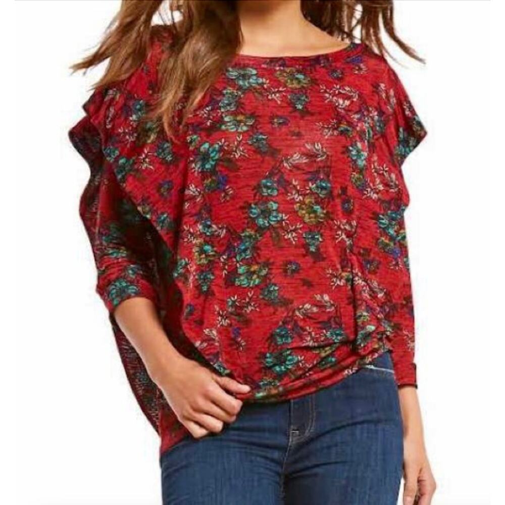 Free People Dock Street‎ Blouse XS Red Floral Boho Ruffle Slouchy Top